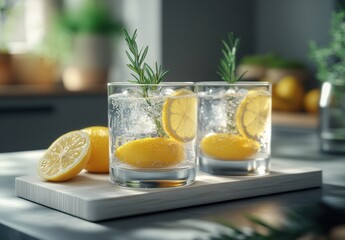 Fototapeta premium Refreshing Lemonade with Rosemary in Clear Glasses on Wooden Tray, Bright Kitchen Background with Soft Natural Light and Fresh Ingredients