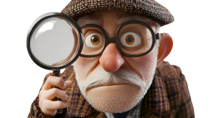 A cartoon grandfather looking through a magnifying glass trying to read small texts, 3d style, transparent background
