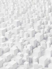A collection of white cube boxes arranged randomly in a grid-like formation on a monochromatic background, cubist layout, geometric grid, 3D object placement, plain white background