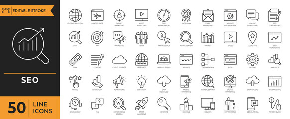 Seo icon set. Search engine optimization line icons set. Containing business and marketing, traffic, ranking, optimization, link, keyword, and more. Vector illustration
