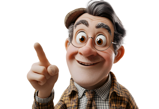 Smiling adult man pointing finger at blank space, 3D cartoon character. Transparent background. Cutout