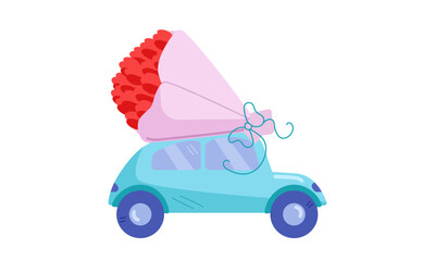 A cartoon blue car carrying a bouquet of flowers on white background. Minimalism. Valentines day card. Flower delivery. International Womens Day. Vector illustration. 