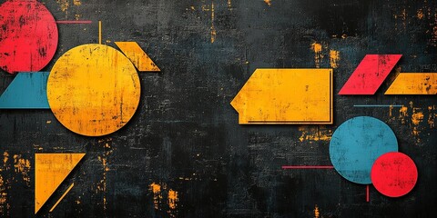 Bright geometric shapes on a dark textured background create a vibrant contrast and modern aesthetic in design
