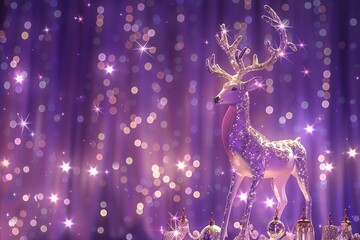 Holy light, crystal white deer, very detailed 3d animation,super clear, transparent, focusing light, optics, realism, Ribbon Christmas bell ornamentsred podium, pale violet background 