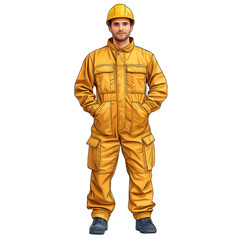 Construction Worker in Yellow Coveralls: A portrait of a confident construction worker, standing tall in his mustard yellow coveralls and hard hat, ready for the day's work.