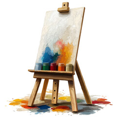 Artist's Easel with Vibrant Colors: A wooden easel displays a canvas with bold, colorful strokes of paint, surrounded by open paint pots, suggesting a moment of creative inspiration.