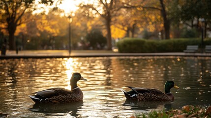 Fototapeta premium City park with a pond and ducks swimming - generated AI