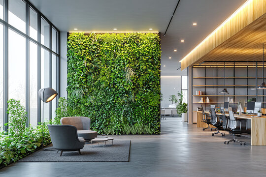 Organic fresh greenery living or office spaces, wall with decorative moss armchairs and table. Generic concept image of decorative moss that is used for interior design.	