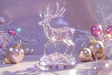 Holy light, crystal white deer, very detailed 3d animation,super clear, transparent, focusing light, optics, realism, Ribbon Christmas bell ornamentsred podium, pale violet background 