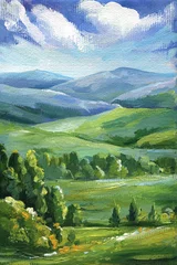 Fototapeten landscape acrylic painting. green mountains, pine trees, bright blue sky, nature landscape art, summer vibes © Hanna