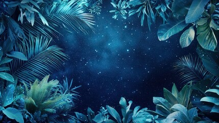 Vibrant tropical foliage plants in shades of blue floating against a deep space backdrop, blending natural beauty with the vastness of the cosmos.