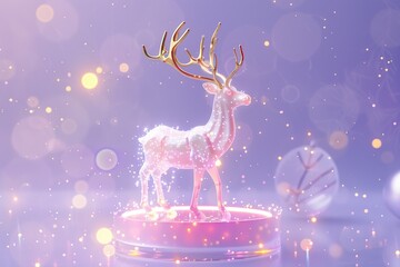 Holy light, crystal white deer, very detailed 3d animation,super clear, transparent, focusing light, optics, realism, Ribbon Christmas bell ornamentsred podium, pale violet background 