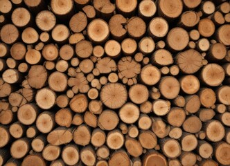 A circular pattern of logs in a layered stack, wooden piles, yard feature, log placement