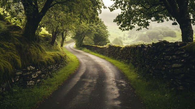 Country lane with hedgerows and rolling hills - generated AI