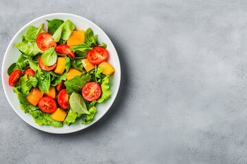 Paleo Ketogenic diet for healthy weight loss Fresh salad with greens, tomatoes, and melons in a bowl.