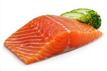 Paleo Ketogenic diet for healthy weight loss Fresh salmon fillet garnished with cucumber and broccoli.