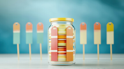 Personal finance insurance tools concept. A colorful jar filled with layered discs, surrounded by similarly colored tags on sticks, set against a soft blue background.