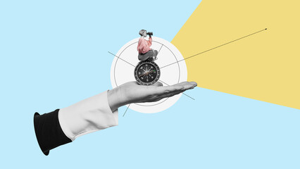Signpost - a hand shows the business woman with binoculars where to look. Compass. Business analytics and strategic. Find a way. © Igor Link