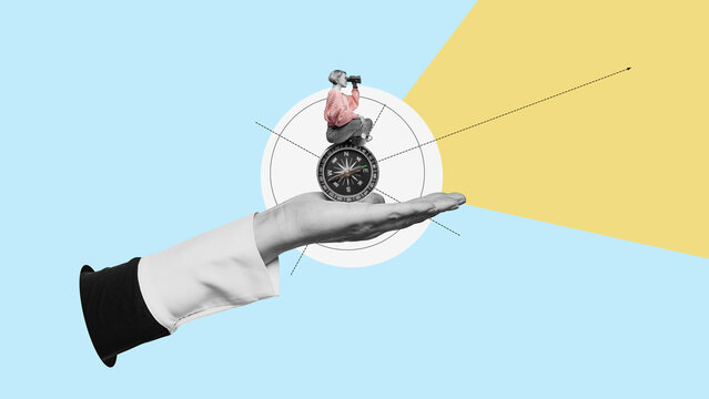 Signpost - a hand shows the business woman with binoculars where to look. Compass. Business analytics and strategic. Find a way.