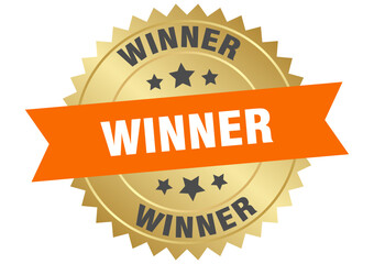 winner. winner round orange and gold label isolated on transparent background
