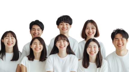 A diverse group of young adults smiling joyfully together. They wear matching white shirts, set against a transparent background.