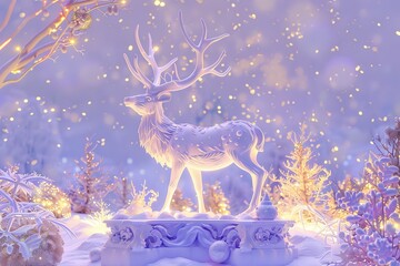 Holy light, crystal white deer, very detailed 3d animation,super clear, transparent, focusing light, optics, realism, Holly and berry Christmas jingle bellsred podium, pale violet background magic,  