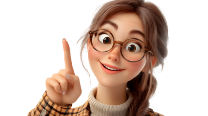 Smiling adult woman pointing finger at blank space, 3D cartoon character. Transparent background. Cutout