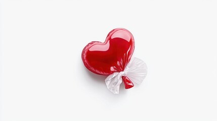 Fototapeta premium Shiny Red Heart-Shaped Candy Wrapped in Foil with a White Bow for Special Occasions