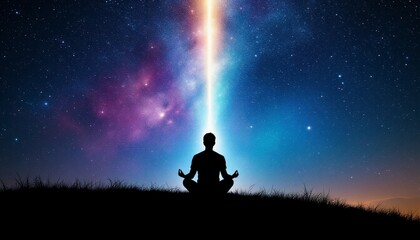Meditating Silhouette with Cosmic Background and Beam of Light