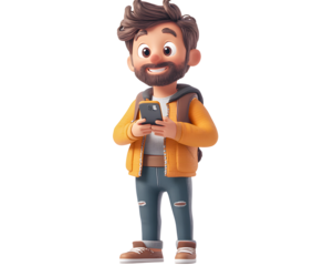 3D character of a smiling man with a beard and a smartphone. Transparent background. Cutout