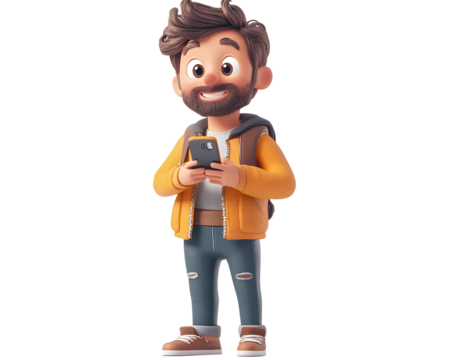 3D character of a smiling man with a beard and a smartphone. Transparent background. Cutout