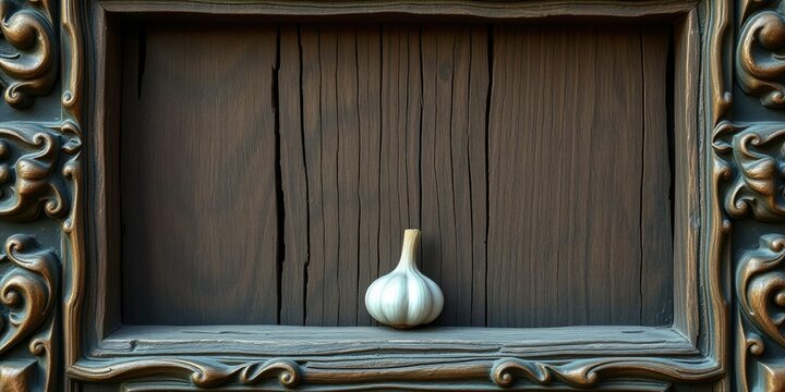 A solitary garlic clove nestled in the intricate carvings of an old wooden door frame, decorative_accessories, old_wooden_door_frame