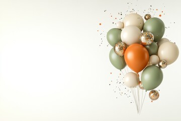 Colorful balloons in shades of green, beige, and orange with confetti for a festive celebration