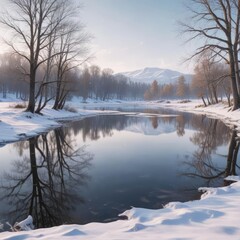 A snow-covered Christmas Eve landscape with bare trees and a frozen lake, wintry scenery, frosty landscape, frosty morning