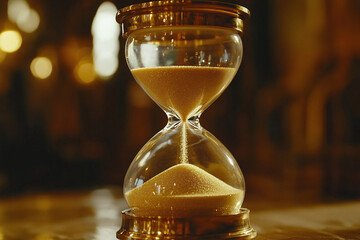 Sand running through the bulbs of an hourglass measuring the passing time in a countdown with copy space. Countdown of time with an hourglass on a glittery background capturing the final moment
