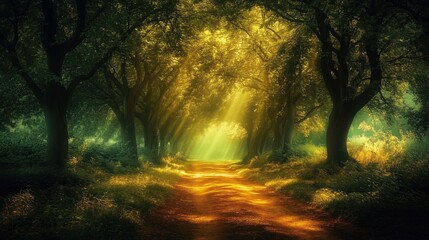 Obraz premium Dirt road through a forest with sunlight filtering through - generated AI