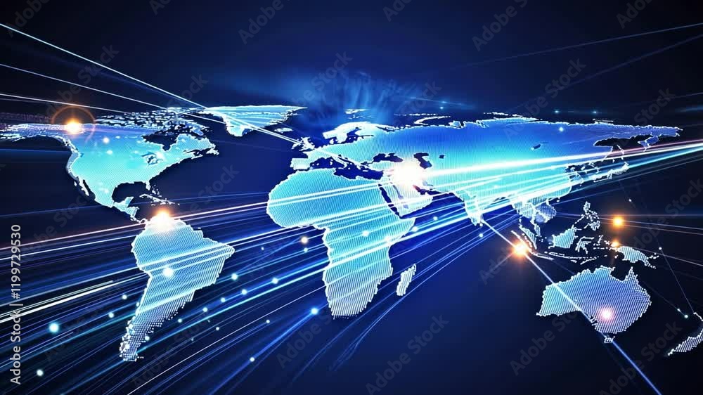 Poster global network: an abstract world map illuminated with a futuristic digital flow, symbolizing connec
