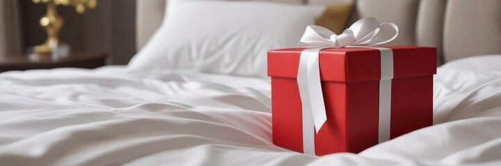 A red gift box with a white ribbon on a bed or couch, cozy, relaxation