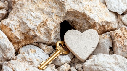 Obraz premium Close-Up of Heart-Shaped Stone and Golden Key in Keyhole in Rock Surface
