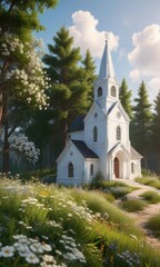 A quaint white church perched high atop a hill in a forest with wildflowers blooming around its base, forested hill, wooden hilltop church