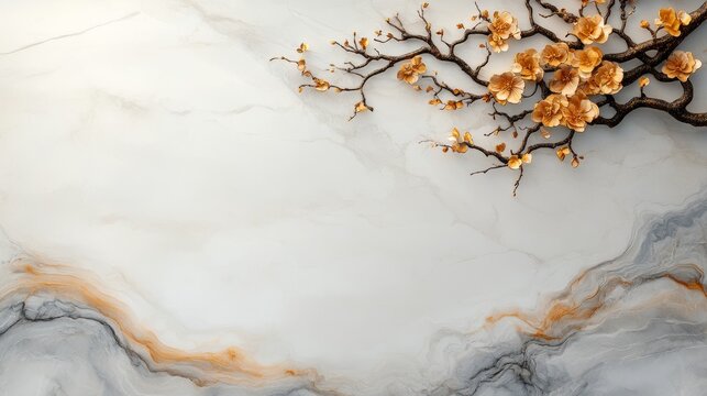 Golden blossoms on a branch elegantly arranged against a marble background. A serene and sophisticated image.