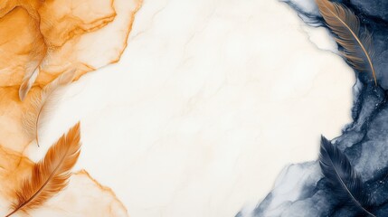 Obraz premium Elegant feather arrangement on a marble-like background. Warm and cool tones create a balanced aesthetic.