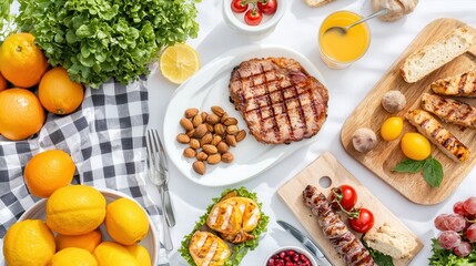 Paleo Ketogenic diet for healthy weight loss Colorful spread of grilled meats and fresh fruits on a table.