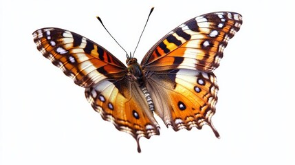 Fototapeta premium A butterfly fluttering delicately, its wings intricately patterned, isolated on white,