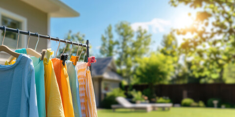 Freshly washed clothes hanging on line in sunny backyard, creating vibrant and cheerful atmosphere