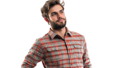 Confident young man in a checked shirt poses thoughtfully against a white isolated background, showcasing casual fashion and relaxed demeanor.