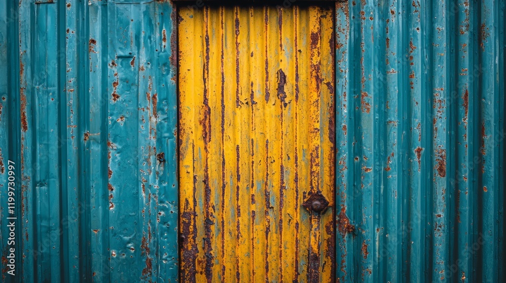 Poster a vibrant yellow door, worn and textured, captures attention amid a backdrop of blue corrugated meta