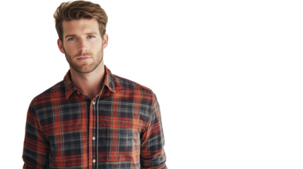 Young man in a stylish plaid shirt poses confidently, showcasing modern fashion in a casual environment.