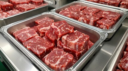Fototapeta premium Food safety storage health concept. Properly Sealed and Labeled Vacuum Packed Meat in Retail Display Trays