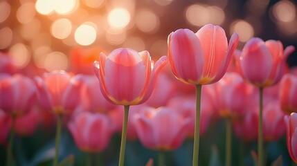 Obraz premium Pink tulips catch the golden light of the setting sun.